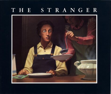 book cover, a softly lit man in overalls stares as he is served a bowl of soup