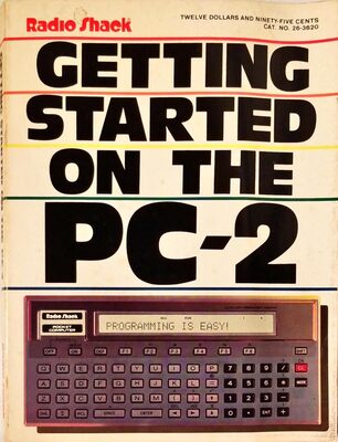 book cover, large text above a photo of a PC-2 computer, with a one-row LCD display and a tiny but complete QWERTY keyboard